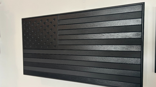Black Gun Cabinet, all-black carved American flag